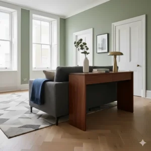 Dark wood narrow console table positioned behind a grey sofa in a contemporary British living room with parquet flooring.