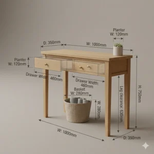 Technical diagram of a narrow console table showing width, depth, and height measurements in millimetres (mm).