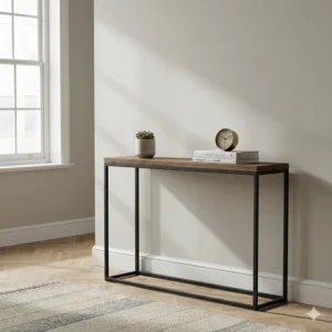 Minimalist narrow console table with a wooden top and metal frame standing on a traditional oak herringbone floor.