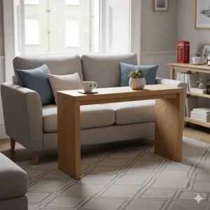 Slim rectangular coffee table positioned tightly against a small corner sofa to maximise floor space.