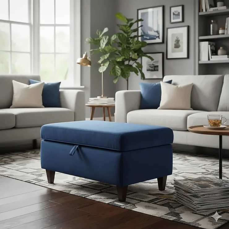 A premium navy blue upholstered footstool with storage, styled in a modern British living room with grey sofas and natural light. footstool with storage
