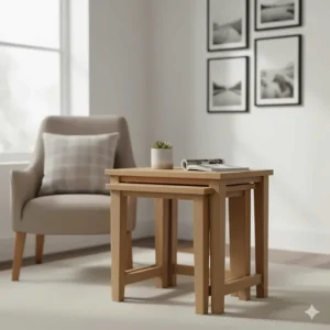 Alt text for image 3: A nest of three oak side tables stacked together to save floor space in a compact lounge.