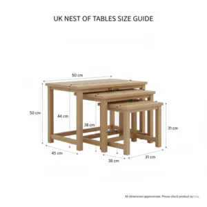 A diagram showing the height and width dimensions of a standard UK nest of tables set.