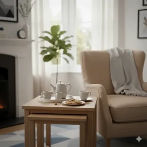 A small nested table pulled out to hold a tea tray and biscuits next to an armchair.
