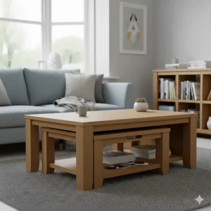 Scandinavian nesting coffee tables with a storage drawer underneath.