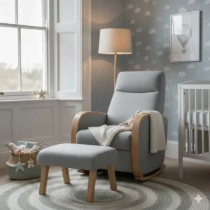 Classic wooden nursery rocking chair gently swaying to soothe a baby to sleep.