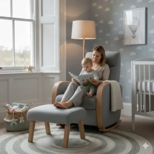Cozy nursing chair being used for reading a bedtime story to a toddler in the nursery.