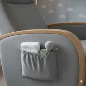 Close-up of nursing chair armrest pockets holding essential items like muslin squares and a dummy.