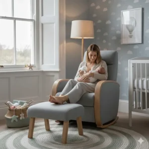 Comfortable nursing chair paired with a matching footstool for maximum relaxation and leg elevation.