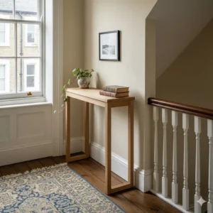 Solid oak narrow console table used for decoration on a small upstairs landing next to a white wooden banister.