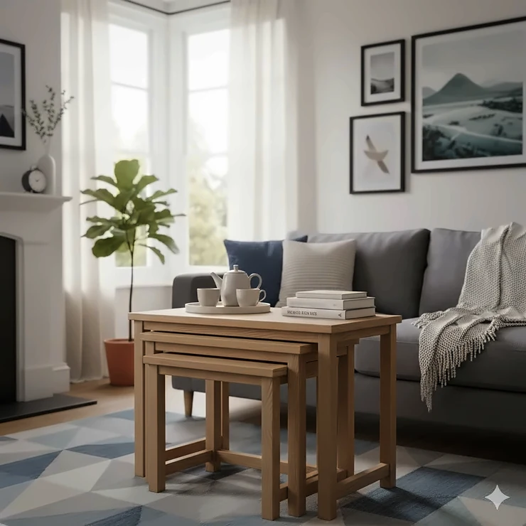 A set of three light oak nest of tables styled in a modern British living room next to a grey sofa. nest of tables