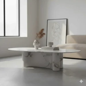 Oval-shaped marble coffee table with a solid stone plinth base in a minimalist flat.