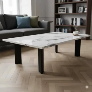 Large rectangular marble coffee table with industrial black metal legs on a parquet floor.