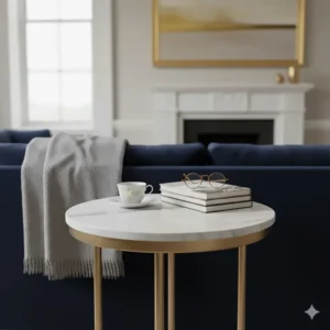 Alt text for image 6: Circular side table with a white marble top and polished gold-coloured metal legs.