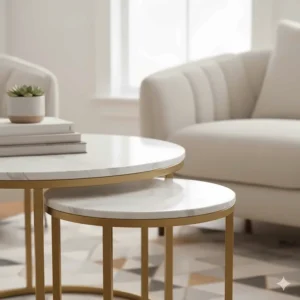 Pair of circular nesting tables with white marble tops and gold legs.