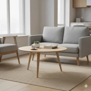 A compact round solid ash coffee table ideal for smaller UK flats or narrow lounge spaces.