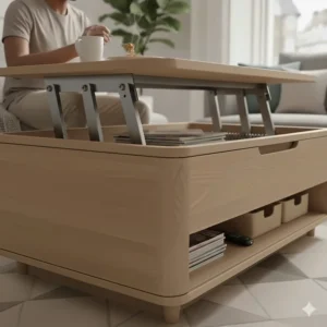 A rustic oak effect lift up coffee table showing wood grain detail and sturdy construction.