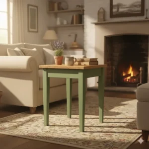 Alt text for image 9: A sage green painted side table with a natural pine top, ideal for a country cottage style interior.