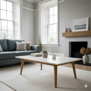 Minimalist Scandi-style coffee table featuring light wood legs and a white top, perfect for a small flat.