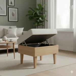 A Scandi-inspired light oak wood footstool with a cream linen storage top, perfect for a minimalist British home interior.