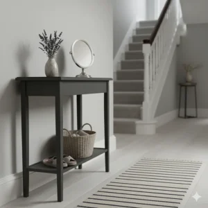 Alt text for image 5: A slim dark grey side table designed to fit into a narrow hallway or small landing.