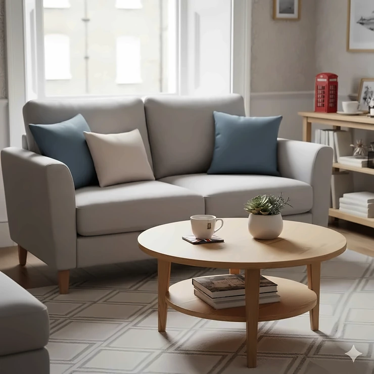 Stylish wooden coffee table in a compact London lounge, showcasing space-saving furniture design for small homes. coffee table for small living room