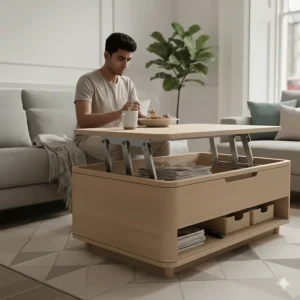 A contemporary lift up coffee table raised to dining height for eating in front of the television.