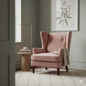 A small dusty pink velvet wingback chair used as an accent piece in a neutral-toned British bedroom.