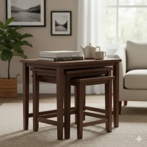 Three-tier solid walnut nest of tables with a dark wood grain finish.