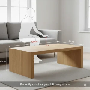 An illustrated guide showing the height and width measurements of a standard solid wood coffee table relative to a sofa.
