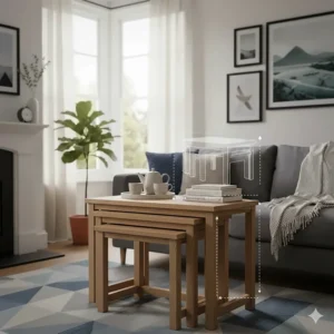 Illustration showing how a nest of tables tucks away to save floor space in a small flat.