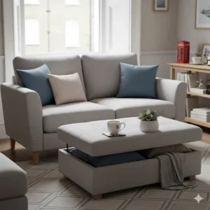 Plush grey fabric ottoman serving as a coffee table with hidden storage for cushions and blankets.