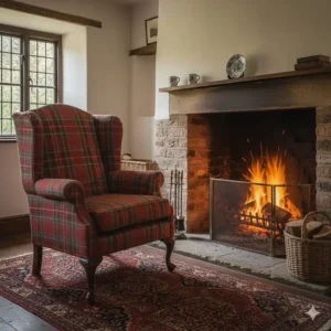 A cosy tartan fabric wingback chair placed next to a traditional brick fireplace in a country cottage.