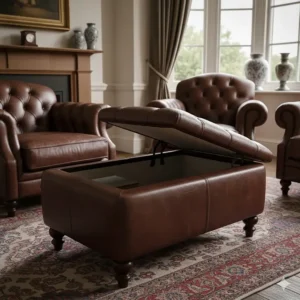 A classic deep-buttoned brown leather footstool with storage, styled in a traditional lounge with a fireplace and wingback chairs.