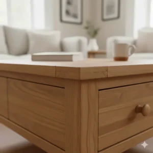 Detailed view of traditional dovetail joinery on a solid wood coffee table with storage drawers.