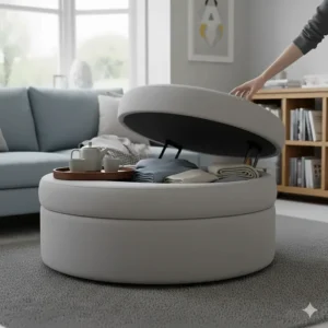 Soft upholstered ottoman coffee table with internal storage for blankets.