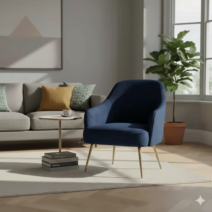 A luxurious navy blue velvet accent chair with gold legs styled in a modern British living room. accent chair