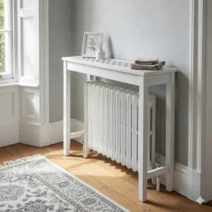 A white narrow console table designed to sit over a traditional column radiator in a classic British home.