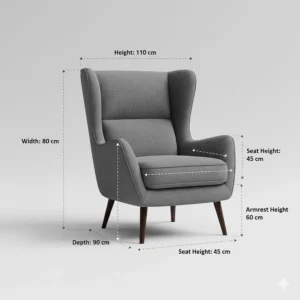 A technical illustration showing the height, width, and depth measurements in centimetres for a standard wingback chair.