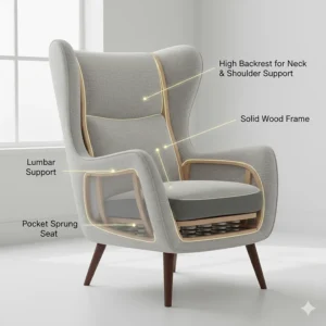 An anatomical cutaway illustration highlighting the lumbar support, pocket sprung seat, and solid wood frame of a wingback chair.