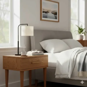 Alt text for image 2: A small wooden side table used as a bedside unit featuring a single drawer and a reading lamp.