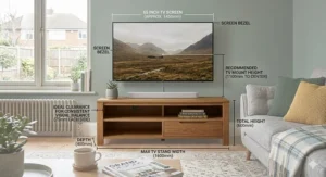 Technical drawing showing the correct width of a TV stand for a 65 inch TV to avoid overhang, including metric measurements.