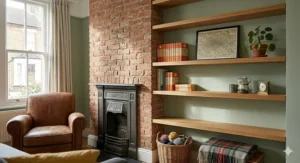 Custom-fitted timber floating shelves installed into a chimney breast alcove next to a traditional fireplace and brickwork.