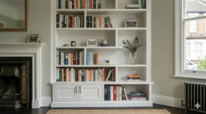 Custom-built white alcove bookcase fitted into a traditional Victorian lounge next to a fireplace.