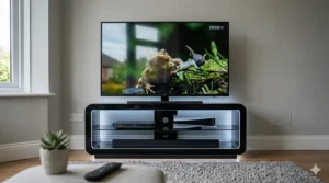 Sleek black high gloss TV stand with integrated LED mood lighting for a contemporary home cinema setup.