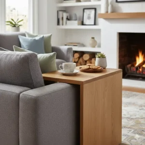 A wooden C-shaped sofa side table set up with a cup of tea and a plate of biscuits in a bright, inviting home setting.