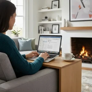A person working on a laptop using a space-saving C-shaped side table that slides neatly over a sofa arm.
