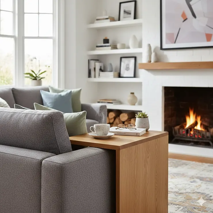 A stylish light oak C-shaped sofa side table holding a hot cup of tea and a book in a cosy British living room with a fireplace. C shaped sofa side table