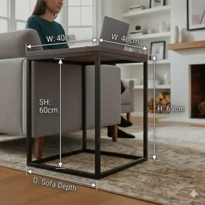 Technical illustration showing the height and width dimensions in centimetres for a standard C-shaped sofa side table.
