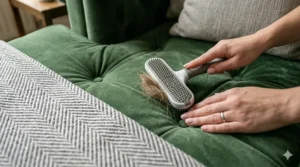 A person using a grooming tool to easily remove pet hair from a green velvet pet-friendly sofa.